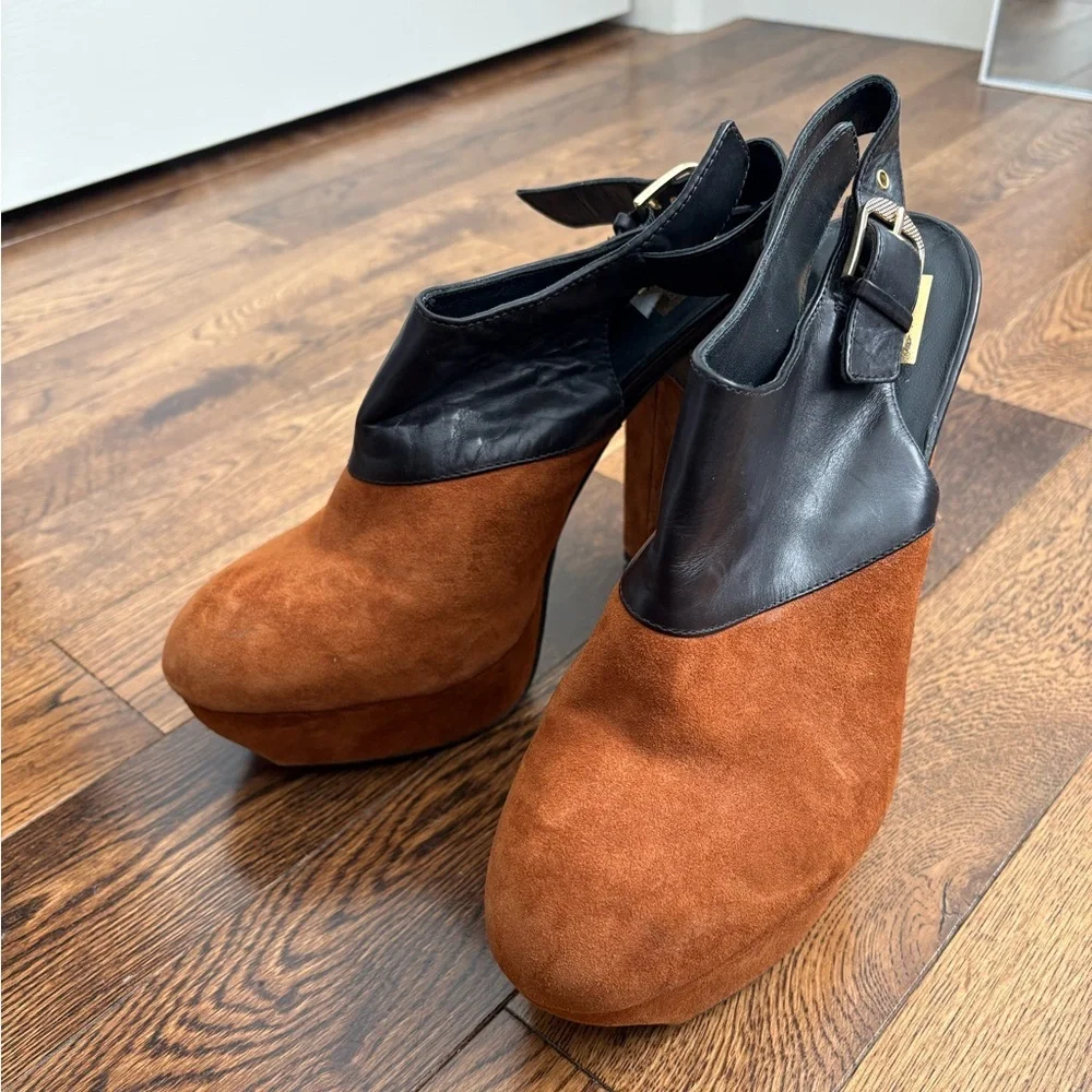 Dolce Vita Joanna Slingback Black and Brown Suede Leather Platform Clogs 9.5